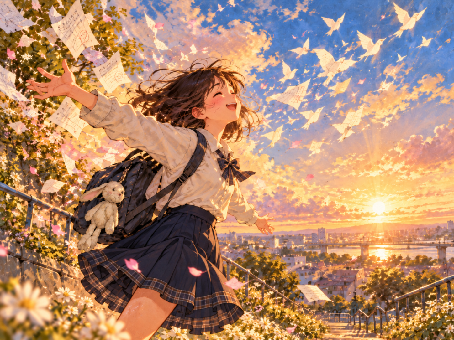 夕陽暖光下的學生，迎向飛翔的紙鳥與開闊天空